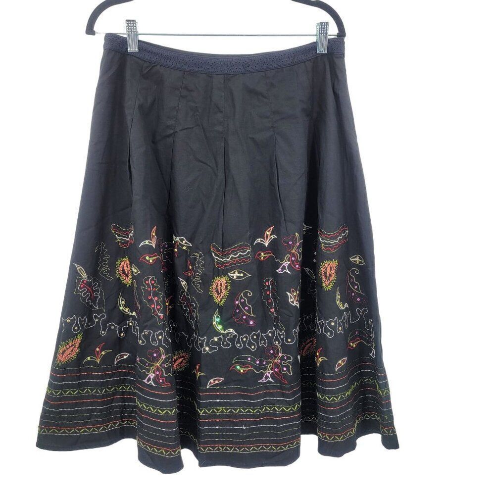 Vintage 90s Midi‎ Skirt 12 Black Floral Embroidered Cotton A-line Full Boho